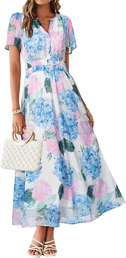 Simplee Women Floral Summer Maxi Dress Boho Flowy Casual Chiffon Short Sleeves V Neck Long Weddin... | Amazon (US)