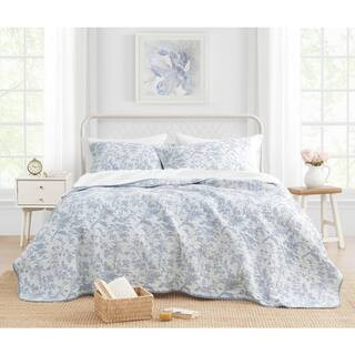 Laura Ashley Amberley 3-Piece Soft Blue Floral Cotton Full/Queen Quilt Set | The Home Depot