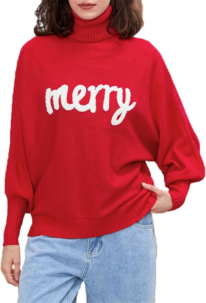 Women Ugly Christmas Tutleneck Sweater Loose Long Lantern Batwing Sleeve Merry Print Knitted Pull... | Amazon (US)