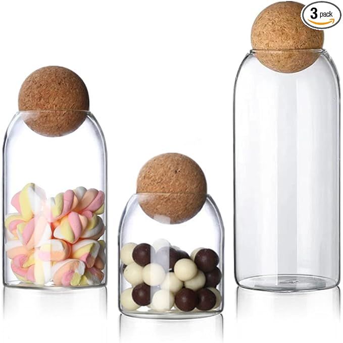 3 Pcs Glass Storage Containers with Cork Ball, Glass Jars with Cork Lids, Candy Jar Decorative Ja... | Amazon (US)