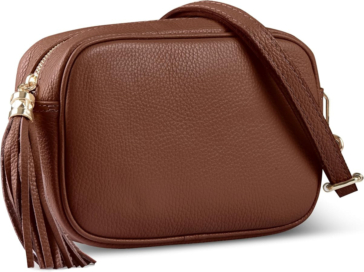 Italian Calf Leather Crossbody Bag for Women with Tassel Zipper | Small Camera Purse Shoulder Han... | Amazon (US)