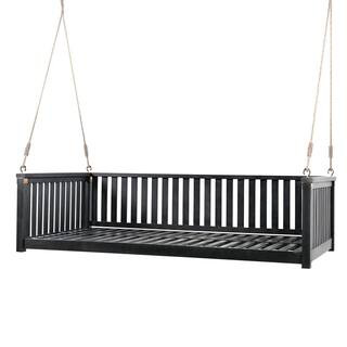Twin Size Swing Bed 2-Person Black Wood Porch Swing with Ropes and Safe Sloped Design | The Home Depot