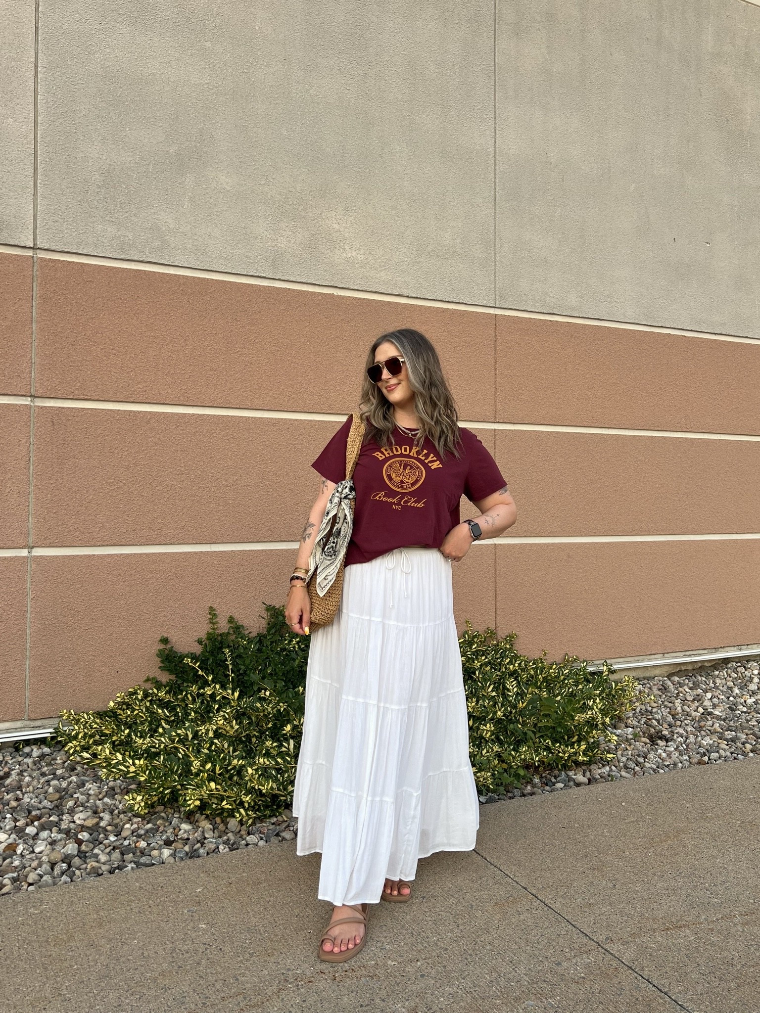Summer to fall transition outfit! Love adding a burgundy tee to make it an outfit feel more fall while keeping it warm weather friendly! Sized up to XL in the tee for an oversized fit, Canadian link under “similar products”. My white maxi skirt is old from Aerie, linked similar! I’m a 9.5-10 shoe and wear a 10 in the crocs sandals, Canadian link under “similar products”

#LTKsummer #LTKfall #LTKstyletip