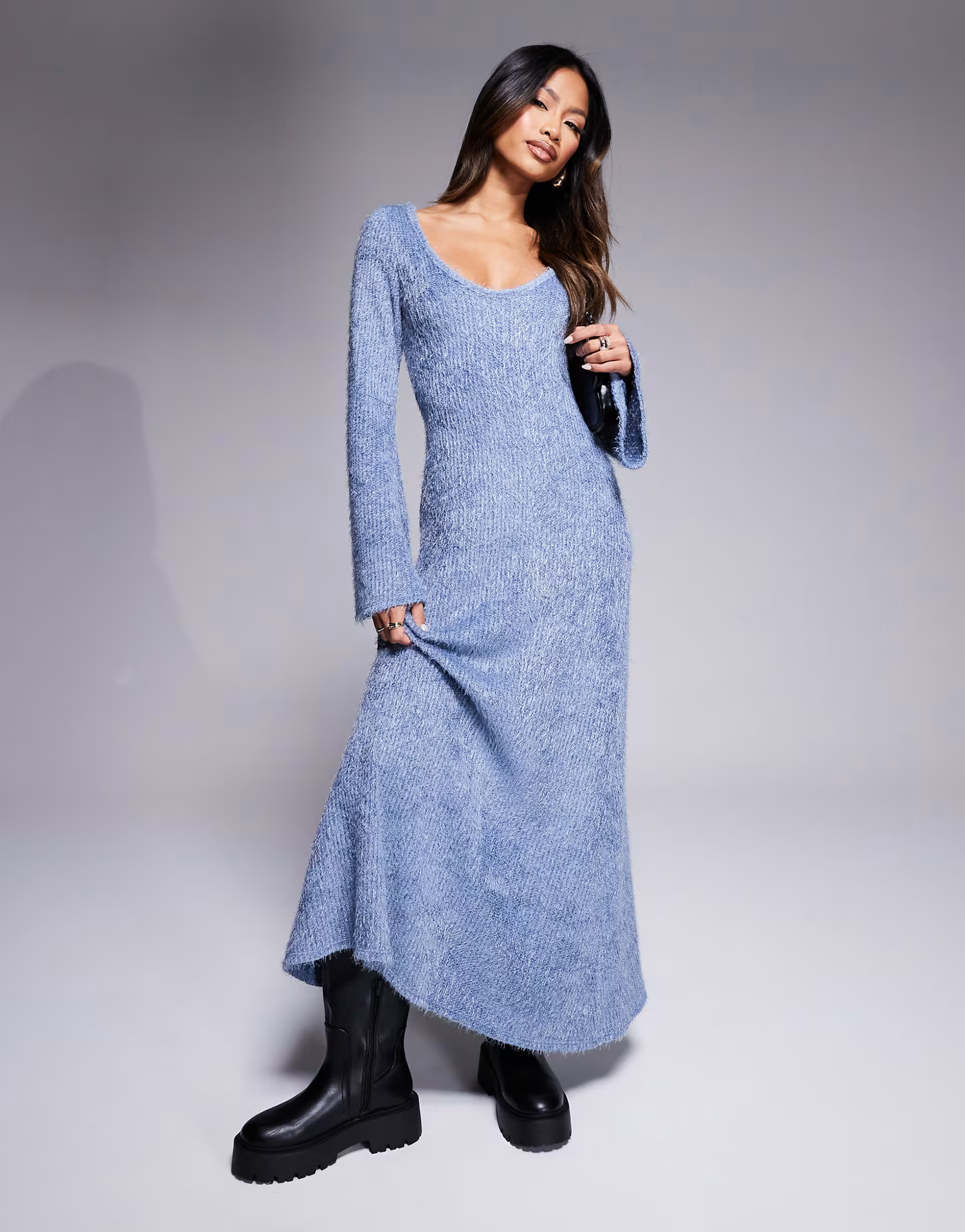 ASOS DESIGN supersoft fluffy scoop angel sleeve midi dress in blue | ASOS (Global)