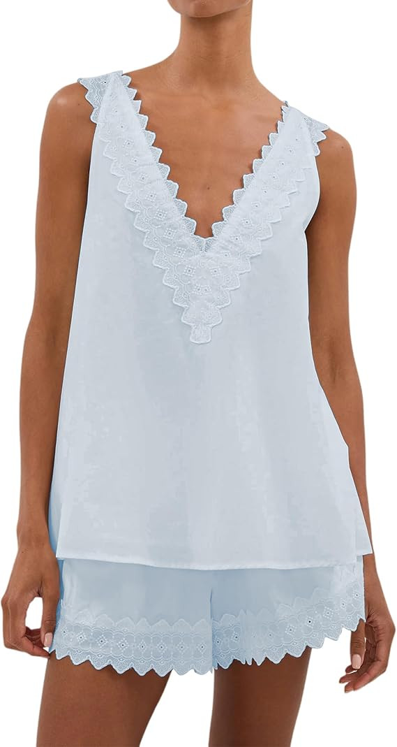 Burtell Women Summer 2 Piece Lounge Sets Casual V Neck Sleeveless Lace Tank Tops Mini Shorts Beac... | Amazon (US)