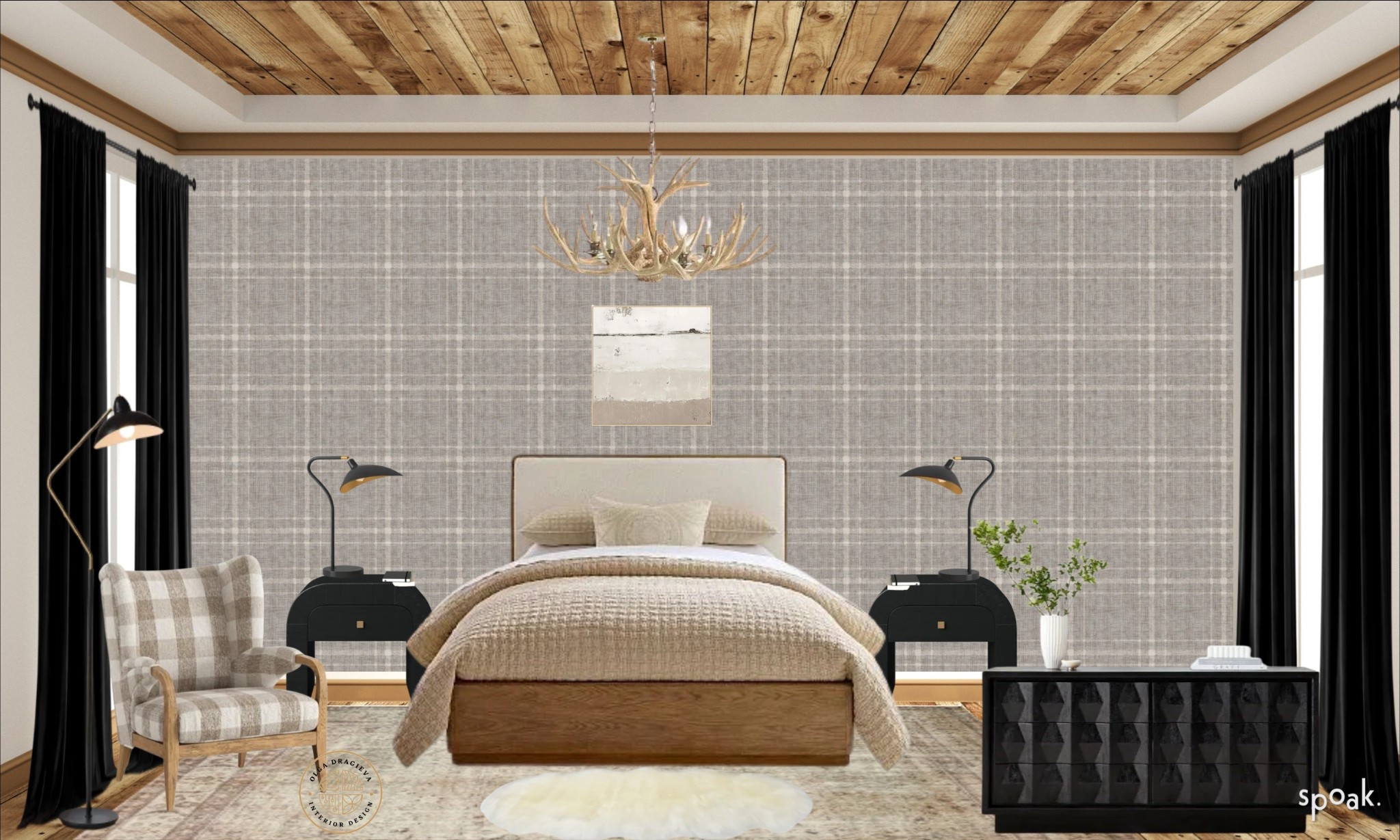 Cabin-inspired bedroom design/mood board. Neutral bedroom decor. Pottery Barn furniture—rustic queen bed, neutral wall art, antler chandelier. Plaid wallpaper, black nightstands and black dresser. Neutral and vintage-style rug. Plaid accent chair. #bedroomfurniture