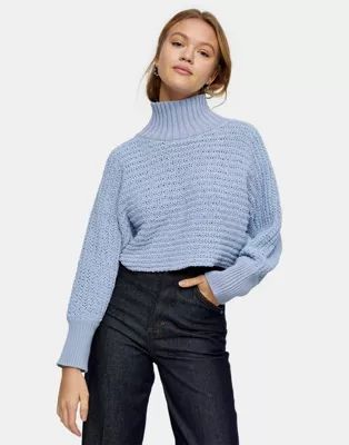 Topshop funnel neck chenille crop sweater in blue | ASOS (Global)