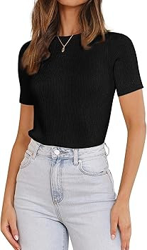 SAMPEEL Womens Tops Short Sleeve Trendy Ribbed Knit Basic Tshirts | Amazon (US)