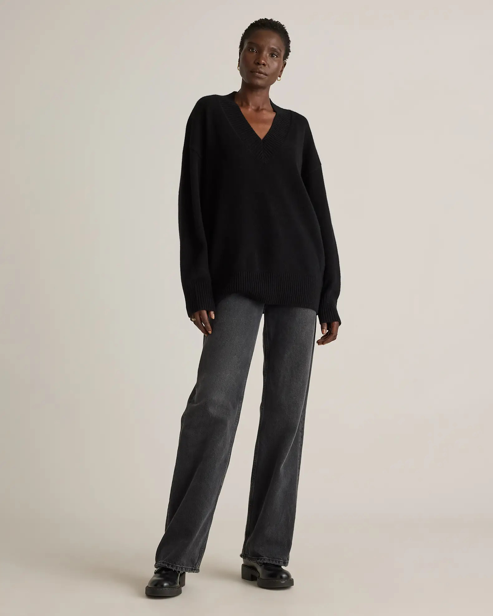 Mongolian Cashmere Oversized V-Neck Sweater	 in Black | Quince
