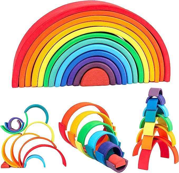 WOOD CITY Rainbow Stacking Toys, 12-Piece Double Natural Wooden Rainbow Stacker, Waldorf & Montes... | Amazon (US)