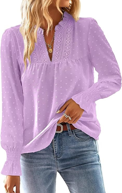 Boho Tops for Women V Neck Blouses Flowy Swiss Dot Dressy Casual Lace Womens Long Sleeve Shirts T... | Amazon (US)