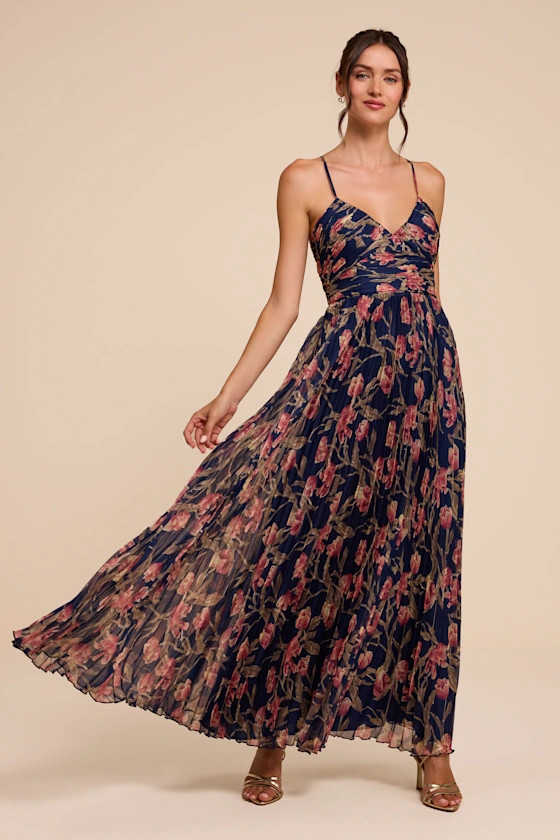 Rebena Navy Multi Floral Pleated Maxi Dress | Lulus