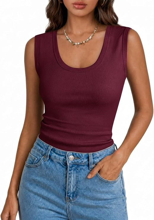 Yousify Womens Tank Tops Ribbed Scoop Neck Summer Sleeveless Top Fitted Basic Tee Shirts Slim Tan... | Amazon (US)