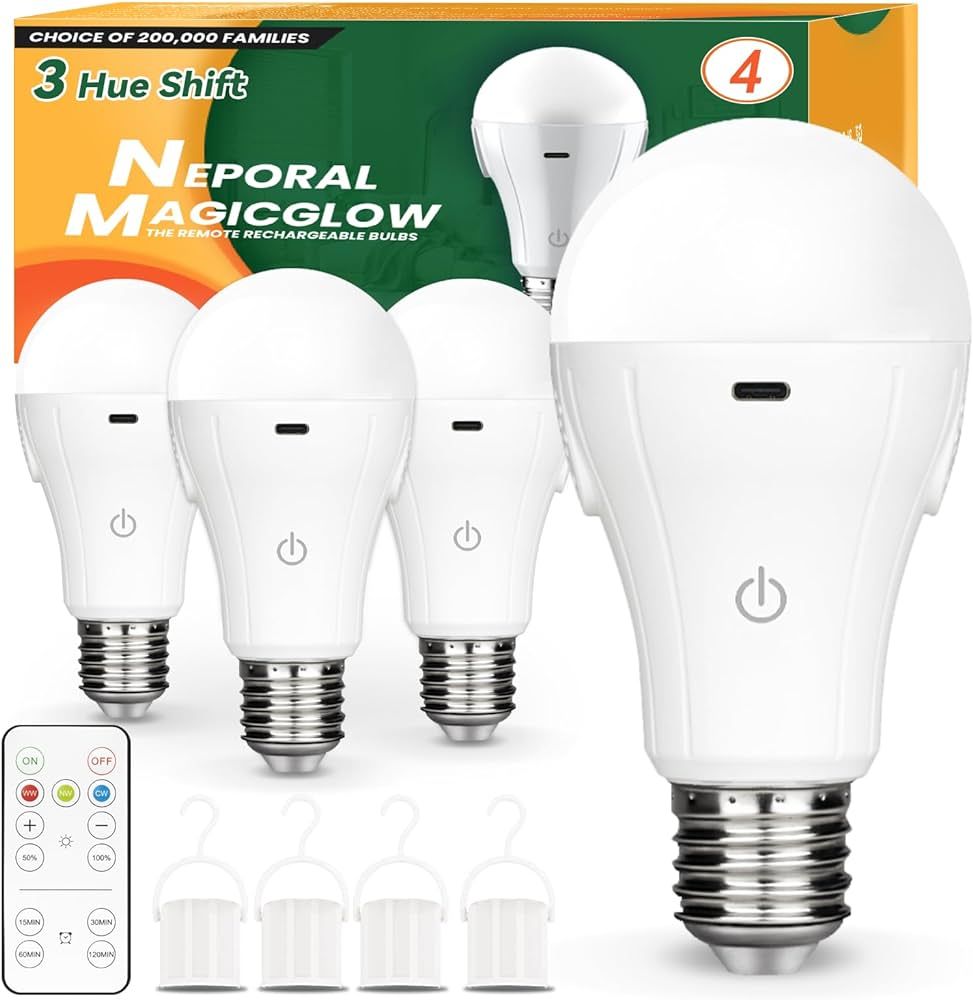 Neporal MagicGlow Rechargeable Light Bulbs with Remote, 3 Hue Shift + Stepless Dimmable Battery P... | Amazon (US)