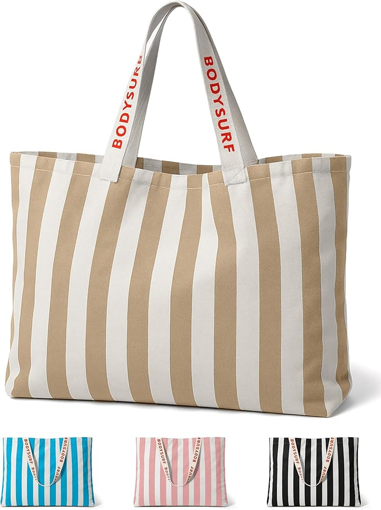 Large Canvas Tote Bag for Women, Striped Beach Tote for Travel, Pool, Cruise, Boat - Reusable Gro... | Amazon (US)