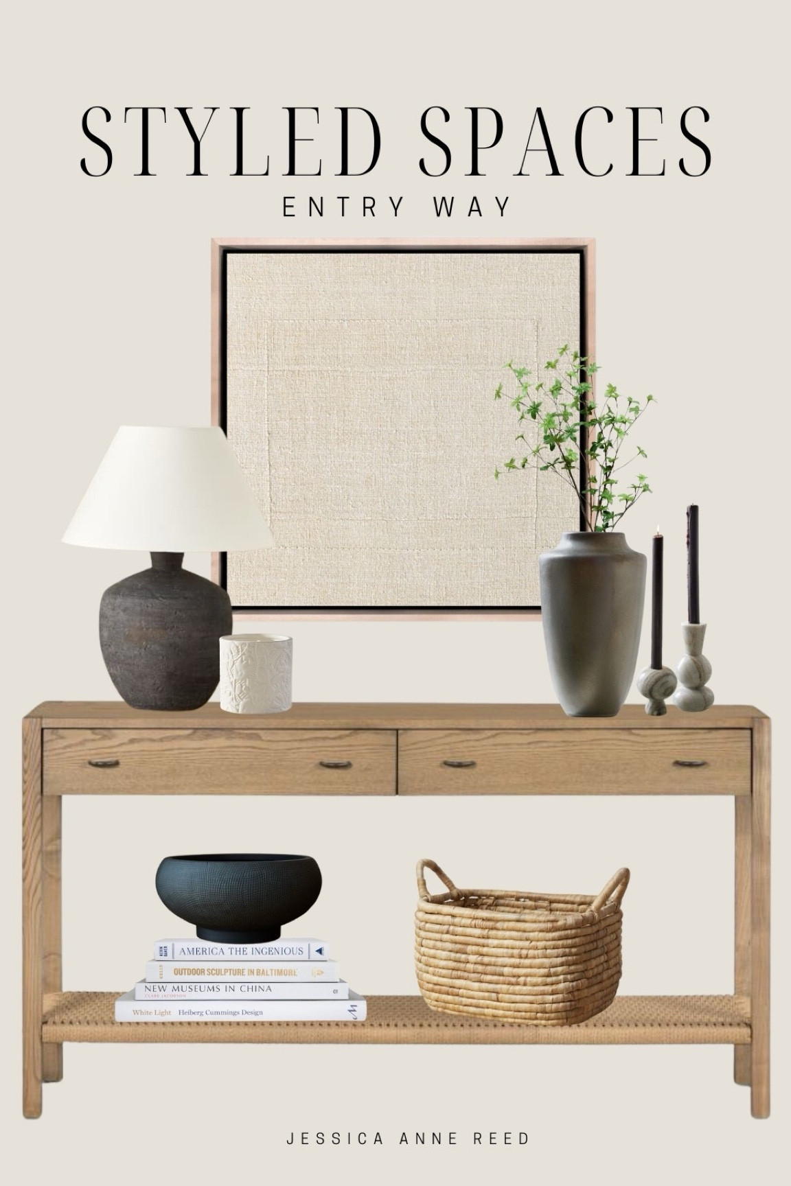 Styled Entry way includes console, basket, stacked books, black decorative bowl, candle stick holders, vase, greenery stems, candle, table lamp, and wall art.

Home decor, styled spaces, neutral entry way, home accents 

Follow my shop @jessicaannereed on the @shop.LTK app to shop this post and get my exclusive app-only content!

#liketkit #LTKStyleTip #LTKFindsUnder100 #LTKHome
@shop.ltk
https://liketk.it/4ZJQP

#LTKFindsUnder50 #LTKSaleAlert #LTKHome