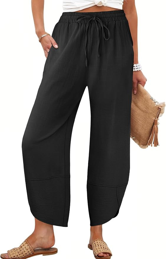 Caracilia Womens Wide Leg Barrel Pants with Pockets | Linen Blend Drawstring High Waisted Palazzo... | Amazon (US)