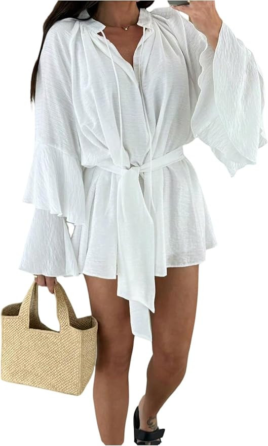 SweatyRocks Women's Layered Bell Sleeve Tie Neck Mini Dresses Ruffle Belted Tunic Dress | Amazon (US)