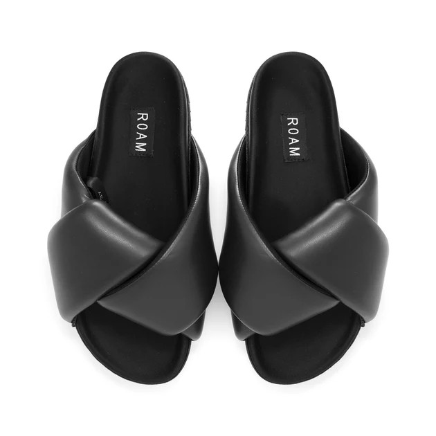 ROAM Foldy Puffy Sandals Black Vegan Leather | ROAM