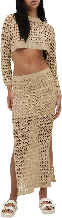 Saodimallsu Womens 2 Piece Swimsuit Cover Up Crochet Knit Beach Mesh y2k Long Sleeve Crop Top Spl... | Amazon (US)