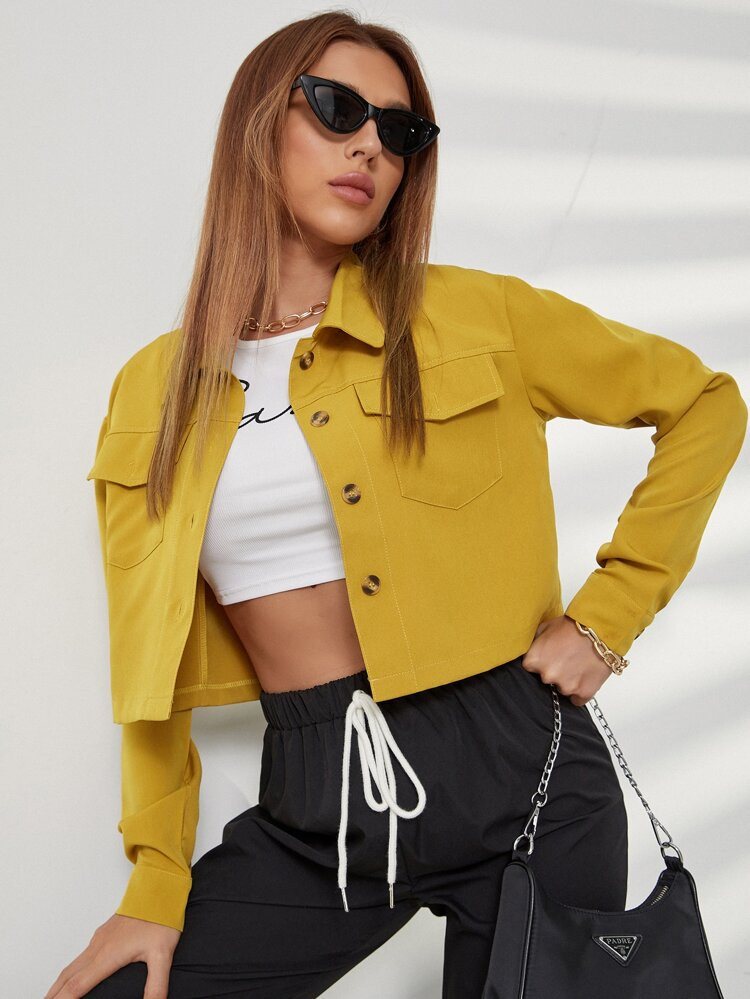 Single Breasted Flap Pocket Crop Jacket | SHEIN