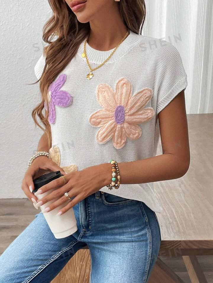 SHEIN LUNE Women's 3D Floral Long Sleeve Sweater, Multicolored | SHEIN