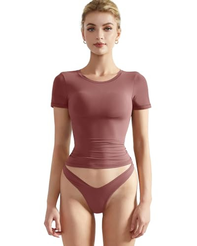 SUUKSESS Women Double Lined Fitted Basic Tee Shirts Crew Neck Short Sleeve Y2K Going Out Crop Tops (Marsala, XS) | Amazon (US)