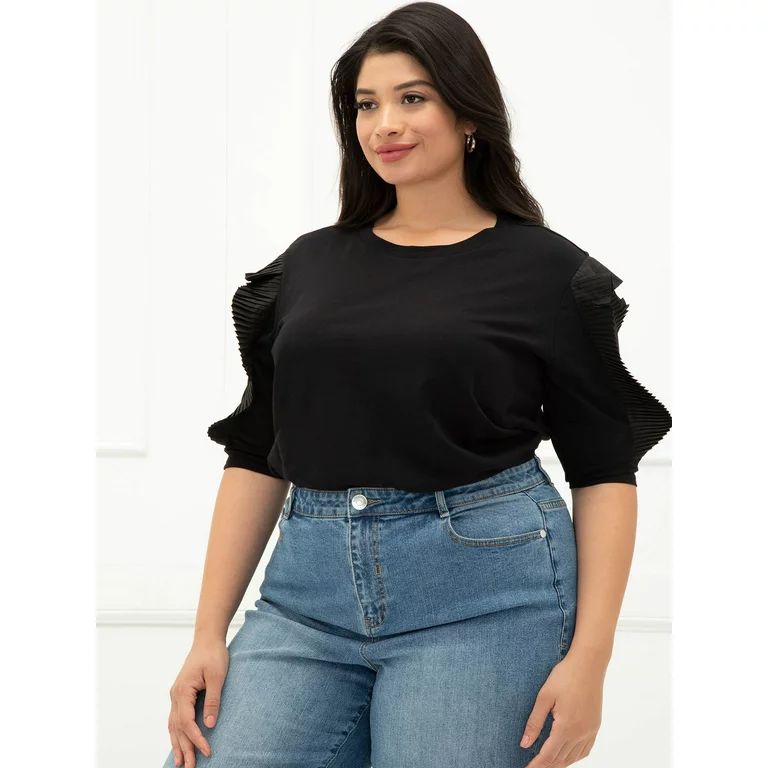 ELOQUII Elements Women's Plus Size T-Shirt with Ruffle Sleeves | Walmart (US)