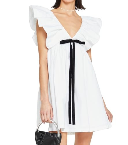 Zebaexf Women's V Neck White Babydoll Dress for Summer Vacation Short Puffy Sleeve Flowy Elegant Mini Dress White X-Small | Amazon (US)