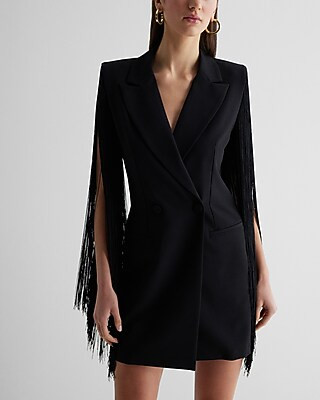Peak Lapel Fringe Sleeve Mini Blazer Dress | Express