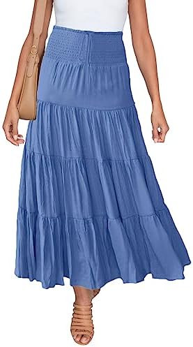 HAEOF Women's Summer Flowy Boho Maxi Skirt Trendy Smocked Waist Ruffle Tiered A Line Casual Beach... | Amazon (US)