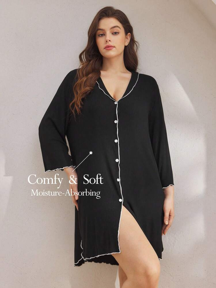 Ocili Plus Size Ribbed Comfortable Ruffle Collar Shell Button Nightgown, Cozy Outfit, Fall & Winter | SHEIN