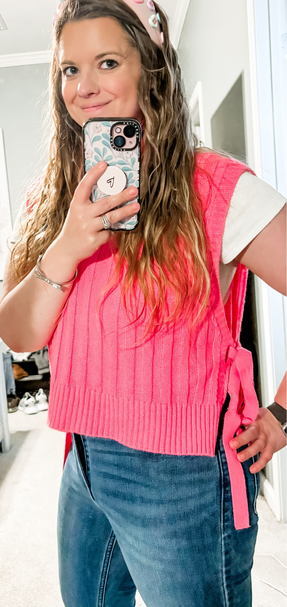 Valentine's Day Outfit that is SO cute and festive for a brunch out with your girls, a lunch date with your guy, or spending some time with yourself! These accessories are TO DIE FOR! My headband is from a small shop, Beck+Palm, which is on Instagram, but not LTK - I have linked something similar, but please shop small🩷🤍❤️ #ValentinesDay #ValentinesDayOutfit #Jeans 

#LTKstyletip #LTKSeasonal #LTKfindsunder50
