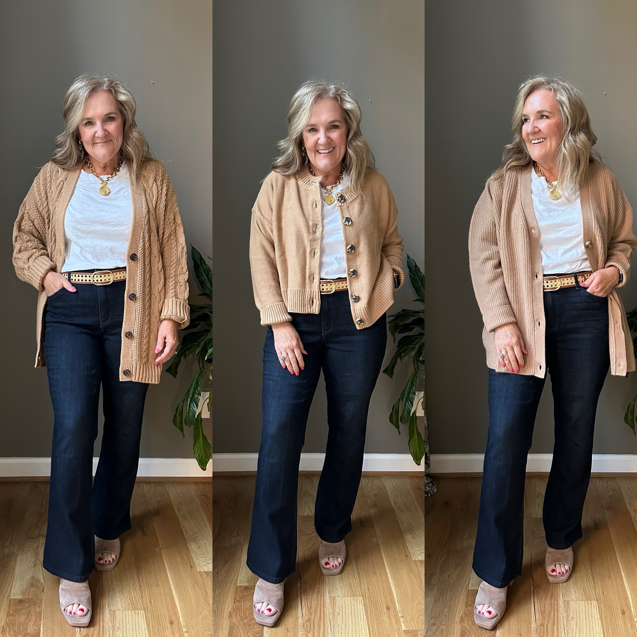 Sweaters by quince! They have a design and fabric for you. 
Left an oversized cable knit cotton cardigan. I am wearing a size large Center, not quite as oversized cotton cardigan hits at the hip. I am wearing a size large 
Right, Mongolian, cashmere fisherman cardigan, wearing a size large 
Quince is beautiful quality and a great price point. 
My jeans are perfect for work, teachers date, night and weekend. Depending on how you want to wear them size up or down if you want to engage the stretch, then size down. If you want them looser order, true size or your larger size they will fit. I am wearing a petite here.

Wit and wisdom jeans itty-bitty boot cut jeans, Nordstrom dark wash, jeans, fall cardigan, sweaters, cashmere cardigan

#LTKSeasonal #LTKOver40 #LTKFindsUnder100