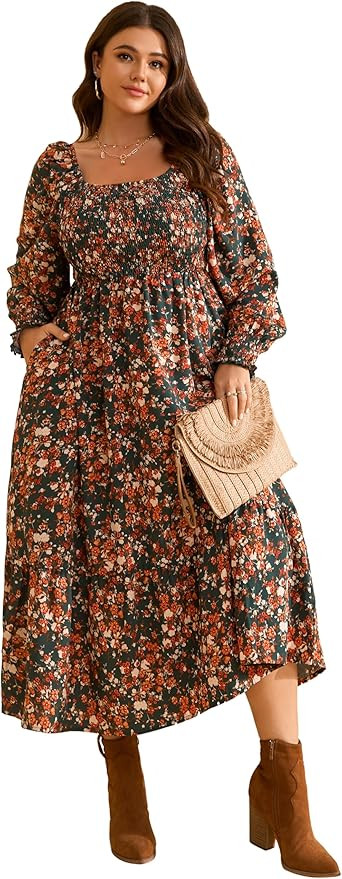 RWJ Women's Plus Size Fall Dress Long Sleeve Square Neck Floral Print Smocked A Line Boho Flowy M... | Amazon (US)