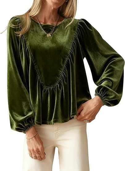 Women's Peplum Babydoll Top Waffle Knit Shirt with Back Button Lantern Sleeves for Casual Outfits | Amazon (US)