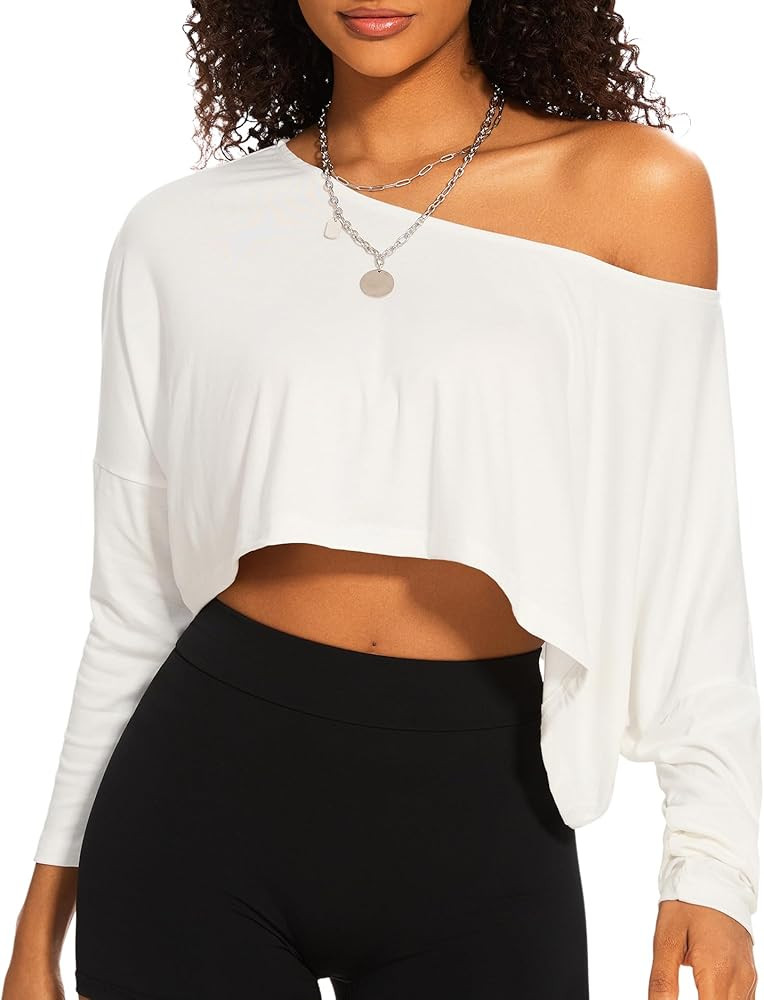 Off The Shoulder Crop Tops for Women Long Sleeve Crop Top Oversized Workout Boat Neck Summer Loos... | Amazon (US)