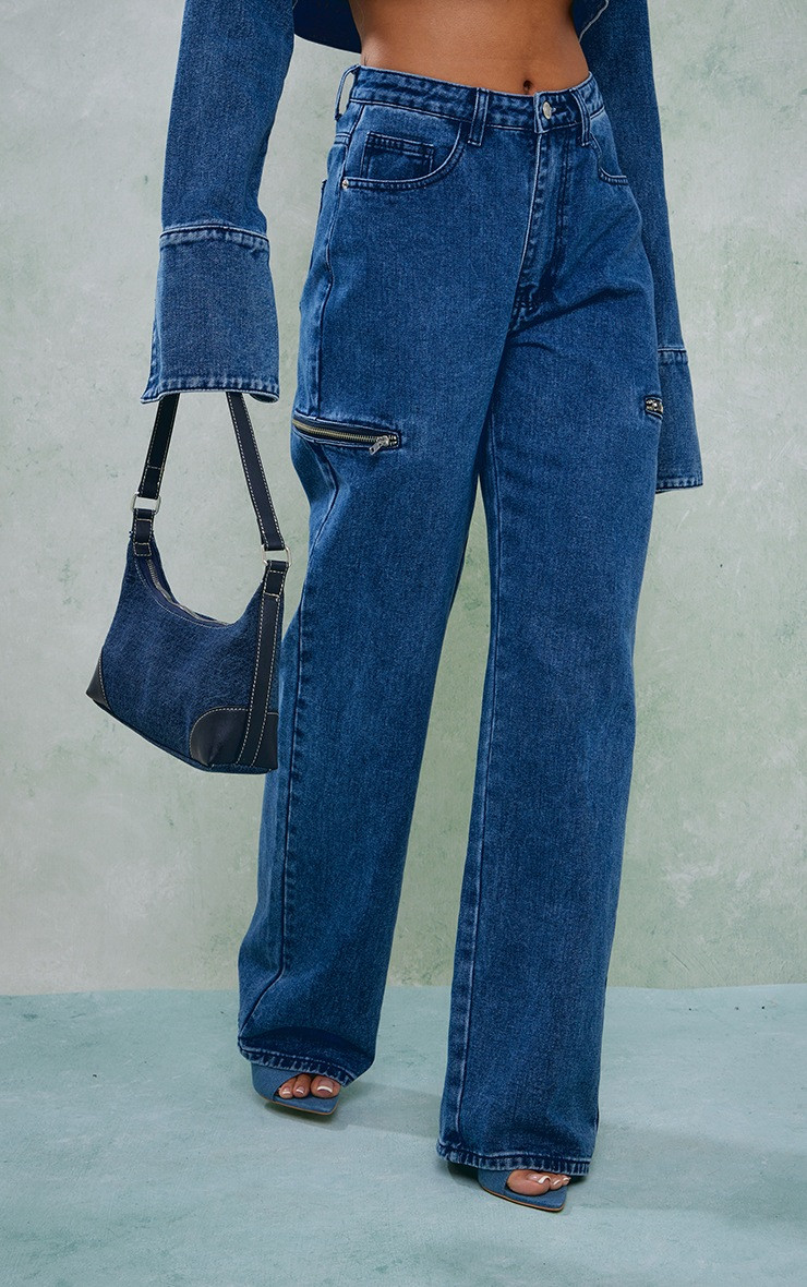 Mid Blue Wash Thigh Zip Detail Straight Leg Jeans | Pretty Little Thing (Australia & New Zealand)