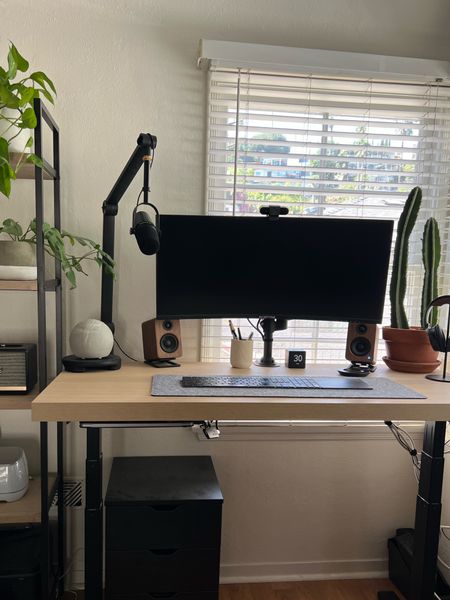 Work from home office setup. Stand up desk is a game changer. 

Desk is a DIY - standing desk leg frame attached to an old Ikea desktop. Linked a similar option. 
