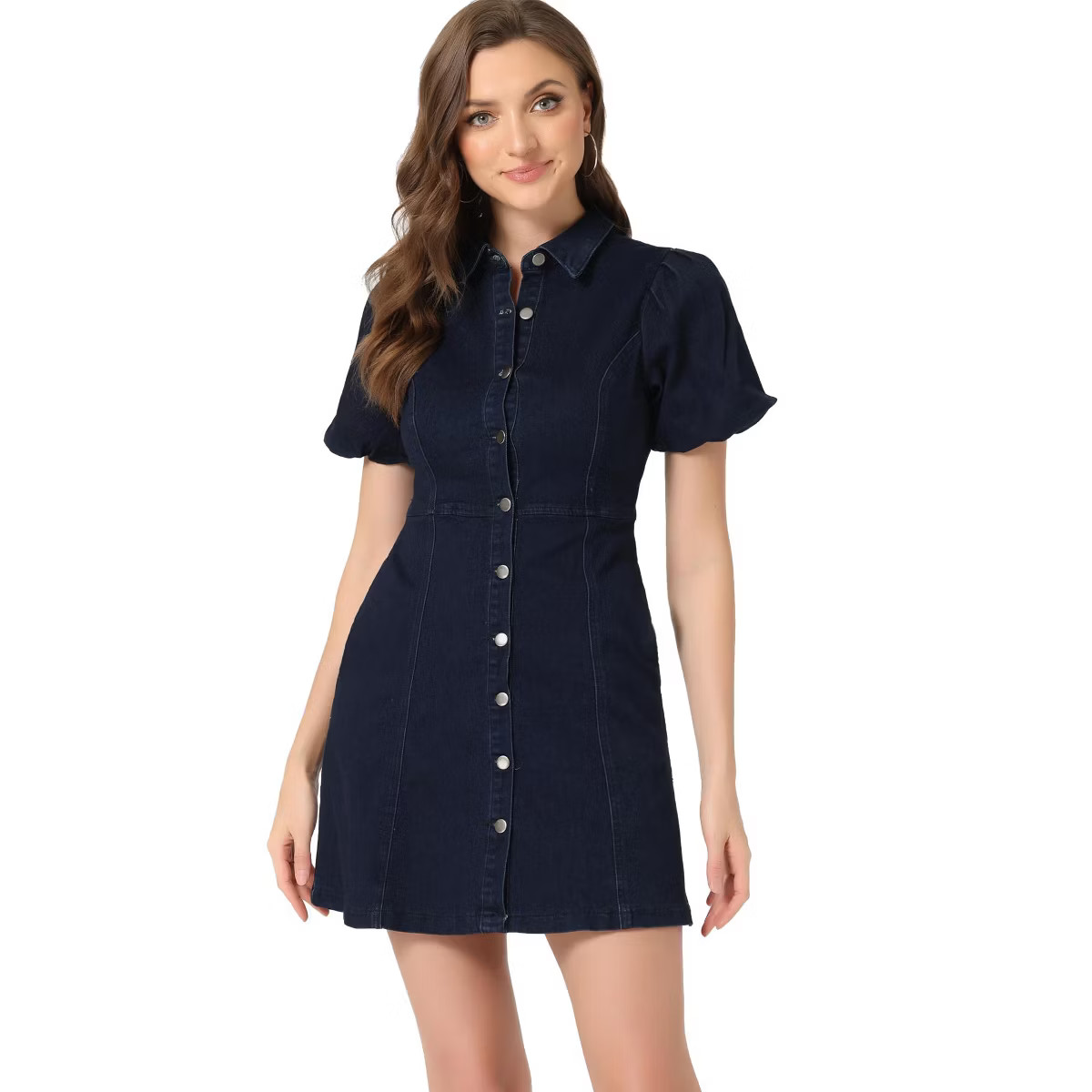 Allegra K Women's Puff Short Sleeve Collared Button Front Mini Denim Dress | Target