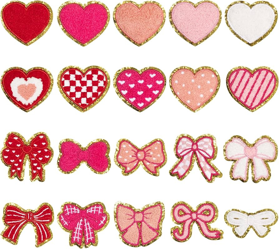 Valentine Heart & Bow Iron on Patches - 20 Pcs Hearts Bow Chenille Iron on Knee Patches Colorful ... | Amazon (US)
