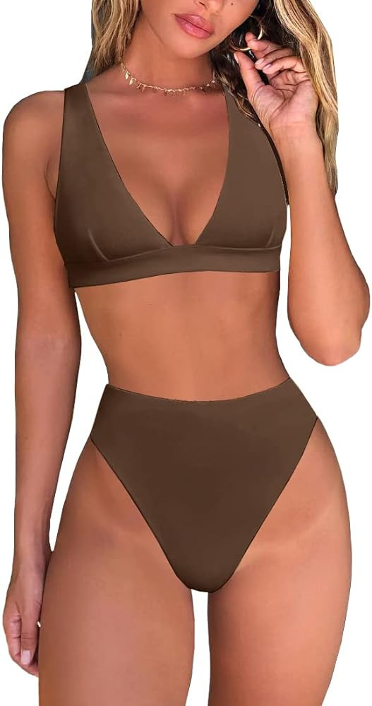 Womens High Waisted Thong Bikini Sets Sexy Brazilian Triangle Top Deep V Neck Two Piece Swimsuit ... | Amazon (US)