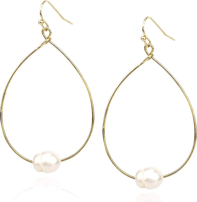 Amazon.com: Pomina Lightweight Pearl Hoop Earrings, Gold Teardrop Pearl Dangle Drop Earrings for ... | Amazon (US)