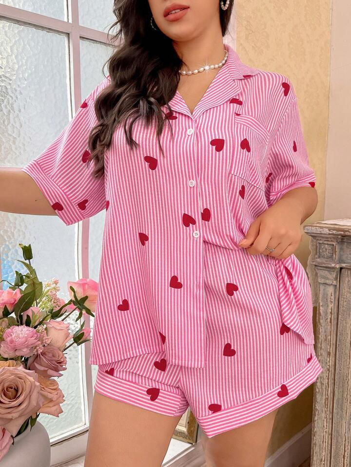 CottageSlumber Plus Size Red & Pink Striped Heart Print Collar Short Sleeve Shorts Sleepwear Set4... | SHEIN