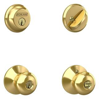 Plymouth Bright Brass Single Cylinder Deadbolt and Keyed Entry Door Knob Combo Pack | The Home Depot