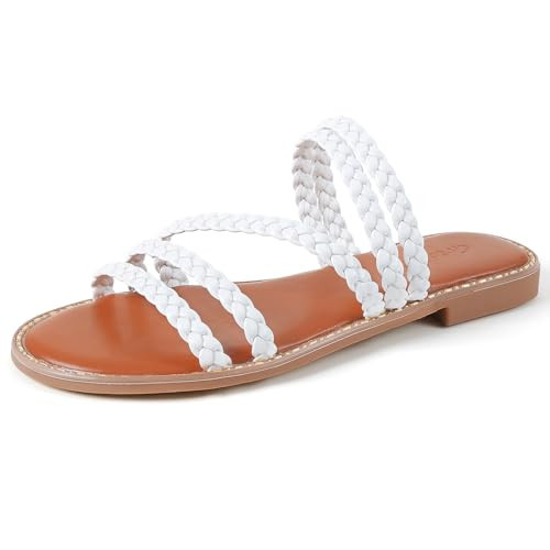 Greatonu Women's Flat Sandals Braided Sandals for Women Fashion Open Toe Slip On Slide for Dressy Summer Sandals White Size 11 | Amazon (US)