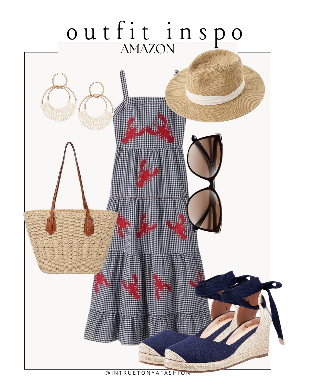 Beach vacation outfit from amazon — coastal lobster gingham dress, navy espadrille wedges, straw tote bag, sun hat, and earrings 







vacation outfits, tropical outfits, beach outfits, beach clothes, resort wear 2026, summer outfits, beach vacation outfit 

#LTKootd #LTKTravel #LTKPetite