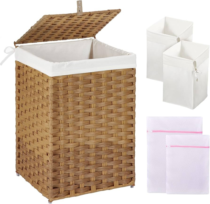 GREENSTELL Laundry Hamper with Lid, 60L Clothes Hamper with 2 Removable Liner Bags & 2 Mesh Laund... | Amazon (US)