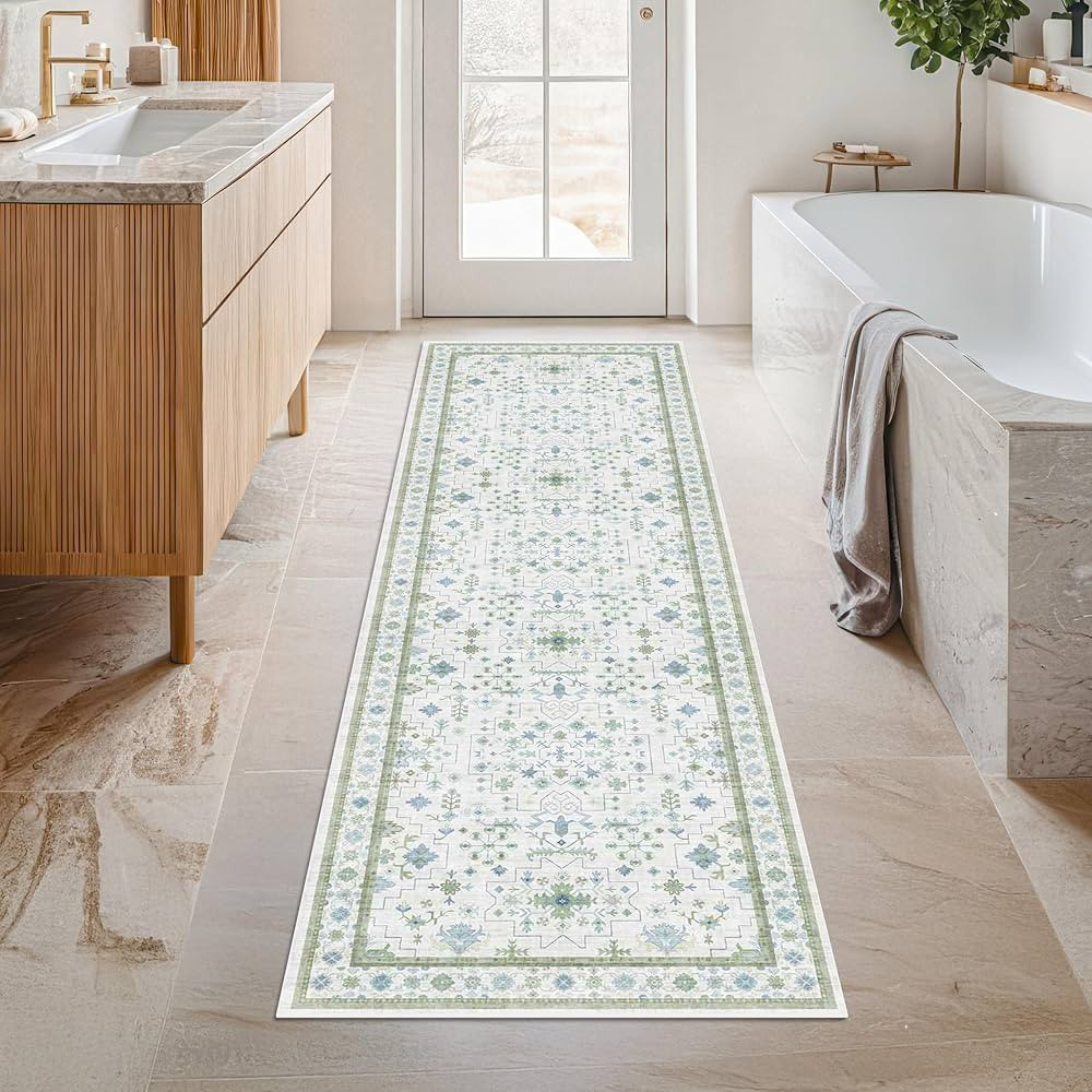 Cream Green and Blue Turkish Bathroom Runner 2x5 - Oushak Vintage Boho Floral Pastel, Washable Lo... | Amazon (US)