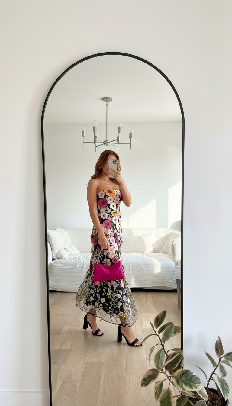 This black floral strapless midi dress is the definition of a statement 🌸🖤 — obsessed with the colorful embroidered florals against the dark base. Styled with a bold hot pink bag for the perfect pop of color, making this look ideal for spring weddings, cocktail weddings, or evening events 💐✨ 

 #LTKootd #LTKWedding